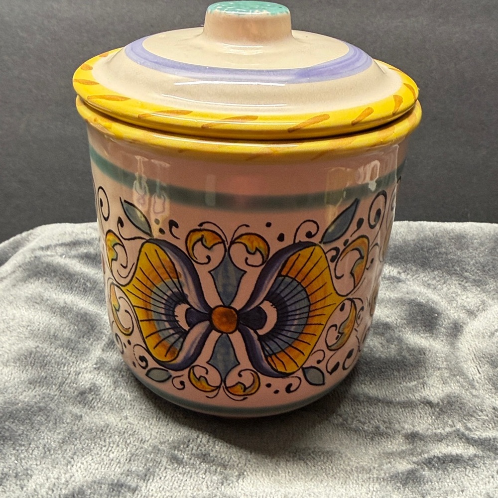 Meridiana Ceramic blue yellow floral lidded canister, hand-painted Italy.